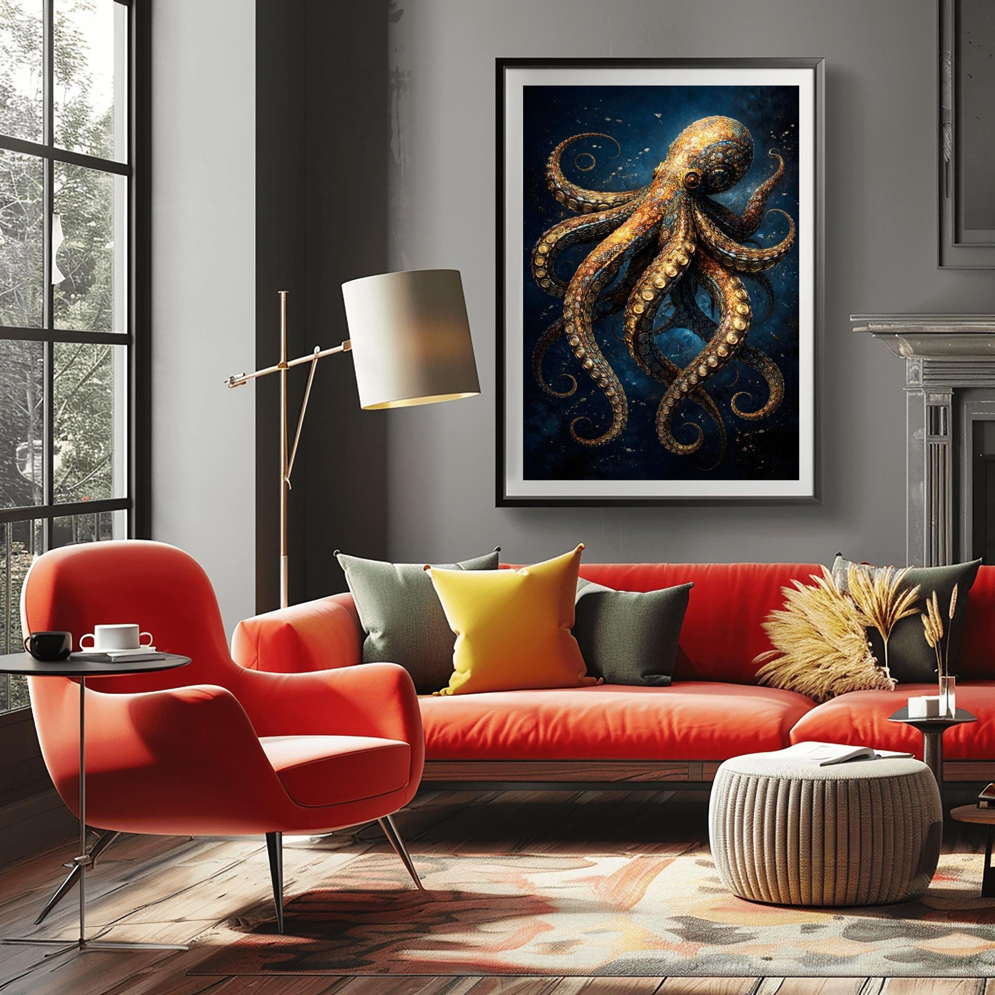 A vertical full-bleed illustration of an octopus in the style of Gustav Klimt. The octopus is decorated with intricate golden mosaic patterns and spirals, floating in a dark navy ocean with tiny sparkling particles. The design is rich in detail and high contrast.