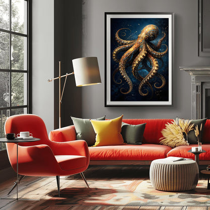 A vertical full-bleed illustration of an octopus in the style of Gustav Klimt. The octopus is decorated with intricate golden mosaic patterns and spirals, floating in a dark navy ocean with tiny sparkling particles. The design is rich in detail and high contrast.