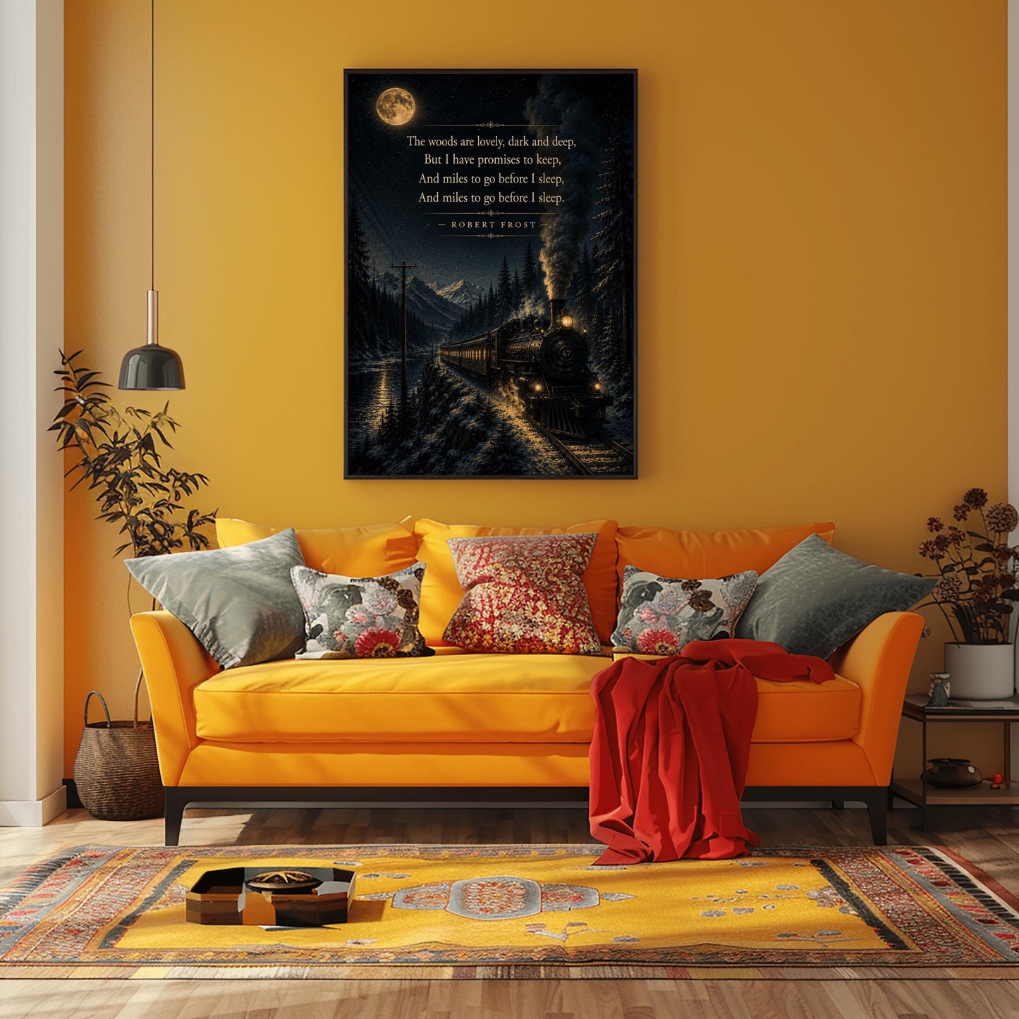A vertical art print showing a vintage steam locomotive traveling on a snowy track at night. The train, with glowing windows and smoke billowing from its stack, moves along a lakeside beneath high mountains. A large full moon and stars light the sky, creating a reflection on the water. The final lines of Robert Frost’s "Stopping by Woods on a Snowy Evening" are printed in gold in the upper portion of the image.