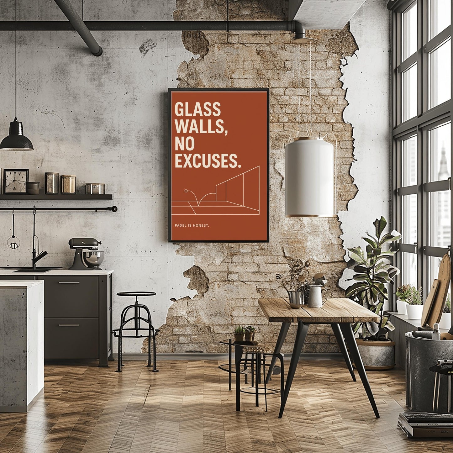 A vertical minimalist sports poster with a solid terracotta rust background. At the top, a bold quote reads "GLASS WALLS, NO EXCUSES." in a large, clean cream sans-serif font. The middle features a fine cream line drawing showcasing a perspective view of a padel court's back and side glass panels, with a line tracing a ball bouncing on the turf and hitting the glass. At the bottom left, small cream text reads "PADEL IS HONEST."
