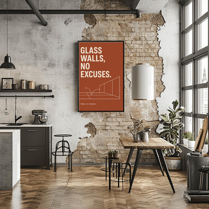 A vertical minimalist sports poster with a solid terracotta rust background. At the top, a bold quote reads "GLASS WALLS, NO EXCUSES." in a large, clean cream sans-serif font. The middle features a fine cream line drawing showcasing a perspective view of a padel court's back and side glass panels, with a line tracing a ball bouncing on the turf and hitting the glass. At the bottom left, small cream text reads "PADEL IS HONEST."
