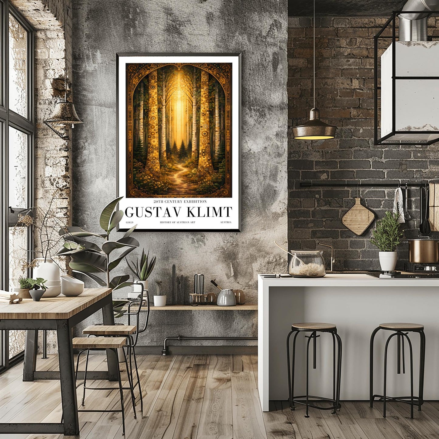 A vertical exhibition poster for Gustav Klimt. Two tall birch trees with golden mosaic bark frame a view of a dark forest path illuminated by a bright vertical beam of sunlight. The artwork has an ornate gold border and clean white margins with text at the bottom.