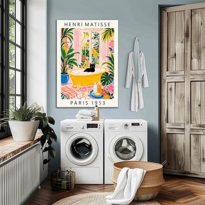 A vertical minimalist fine art exhibition poster in the style of Henri Matisse, featuring a wide white border layout. In the center, a solid black silhouette illustrates a cat in a crouching pose against a vibrant mustard yellow background block. The central composition is accented by flat paper-cut abstract shapes, including a royal blue coral leaf on the left and a terracotta red shape on the right against a solid white backdrop.