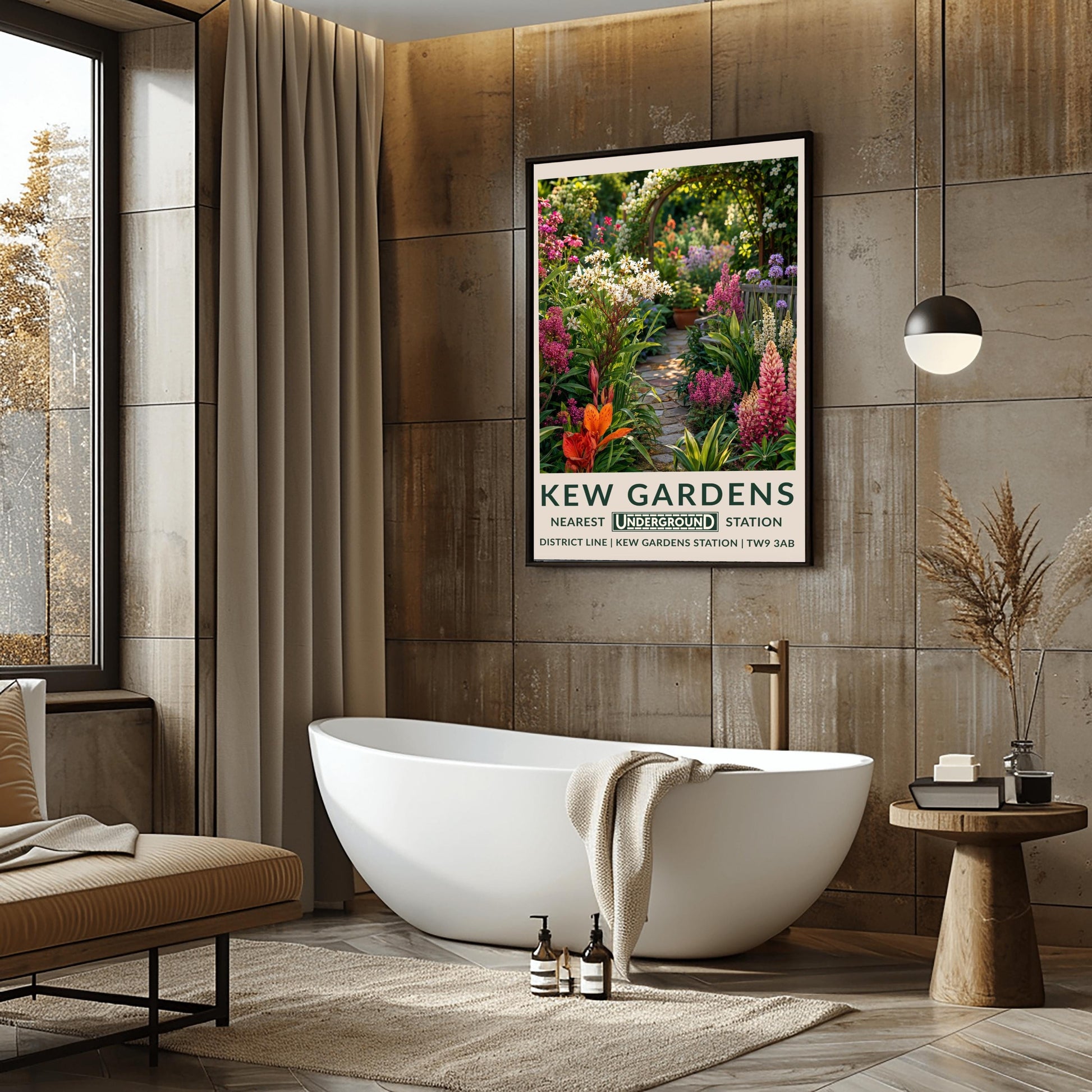 A vertical retro London Underground travel poster for Kew Gardens on a wide cream border. The top image shows a close-up, beautifully detailed illustration of a winding cobblestone garden pathway surrounded by dense flower borders. The foreground features tall pink lupins, a bright orange lily, and clusters of small white flowers. On the right sits a grey wooden bench under purple alliums. The path leads to a wooden archway covered in climbing white roses in the background.
