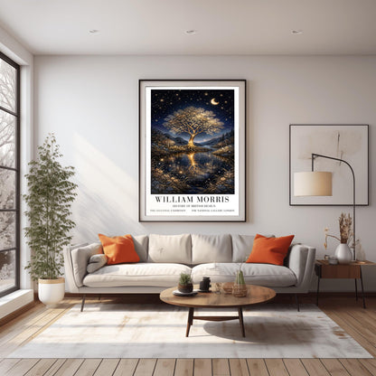 A vertical exhibition poster for "William Morris: History of British Design" at The National Gallery, London. The artwork features a large, glowing golden tree with intricate branches on a small island in the center of a river. The gold of the tree reflects vividly in the dark water below. A crescent moon and shooting star appear in a dark navy sky filled with many small stars. The scene is framed by golden wildflowers and dark hills. Bold black text at the bottom provides the exhibition details