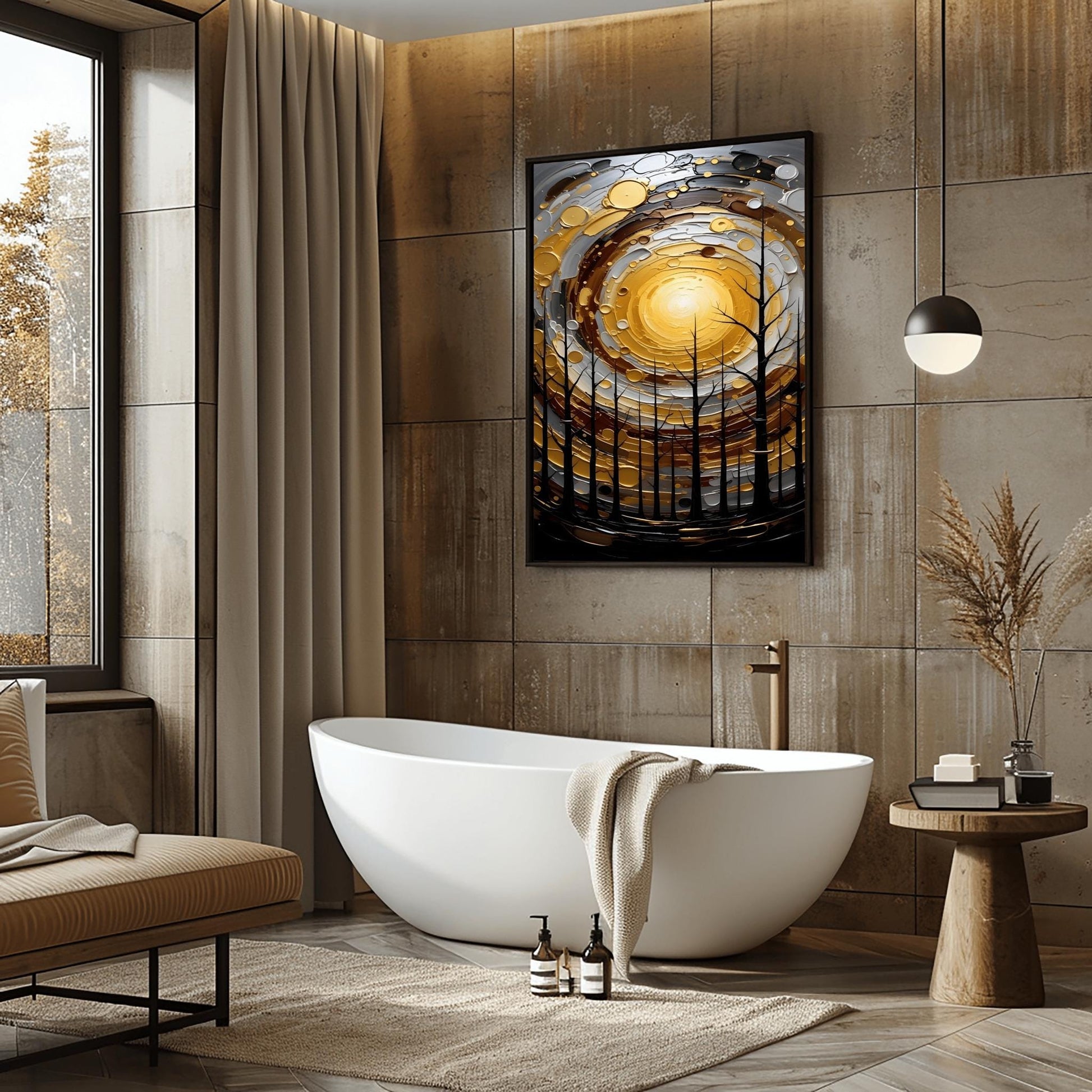 A vertical abstract painting in the style of Gustav Klimt. A group of black, silhouetted tree trunks stand in the foreground against a massive, swirling sun composed of concentric rings of gold, silver, and cream. The background is a dark, moody grey. The style features heavy, thick paint textures and metallic-looking circular accents scattered throughout.