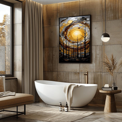 A vertical abstract painting in the style of Gustav Klimt. A group of black, silhouetted tree trunks stand in the foreground against a massive, swirling sun composed of concentric rings of gold, silver, and cream. The background is a dark, moody grey. The style features heavy, thick paint textures and metallic-looking circular accents scattered throughout.