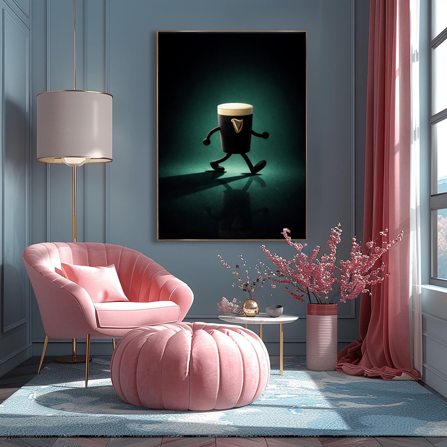 A vertical cinematic illustration of a 3D Guinness pint character with cartoon arms and legs. It is walking across a dark, reflective floor under a moody emerald-green spotlight. The pint features a crisp white foam head and a golden harp logo.