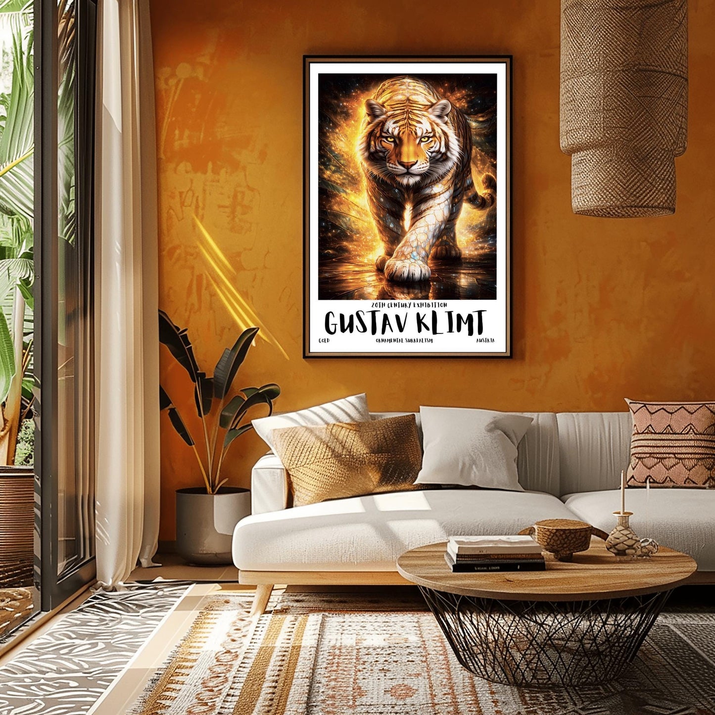 A vertical full-bleed illustration of a tiger in the style of Gustav Klimt. The tiger is prowling forward toward the viewer, its body covered in golden mosaic patterns and glowing orange light. The background is a swirl of amber sparks and gold-leaf textures.