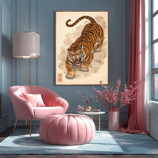 A vertical Japanese-style art print of an orange and black striped tiger prowling forward with an open mouth and fierce expression. The tiger is surrounded by stylized, swirling grey clouds of mist. The background is a textured light cream color, and a red square calligraphy seal is visible in the bottom left corner. The style is reminiscent of traditional ukiyo-e woodblock prints.