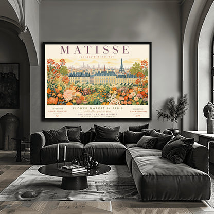 A French art exhibition poster titled "MATISSE" across the top. The central illustration shows a sprawling field of dense, colorful wildflowers in shades of orange, yellow, and white. In the background, classic Parisian buildings and the silhouette of the Eiffel Tower stand under a soft yellow sky. The text at the bottom reads "Flower Market in Paris, Galerie des Modernes, 24, Rue de l'Université, Paris."