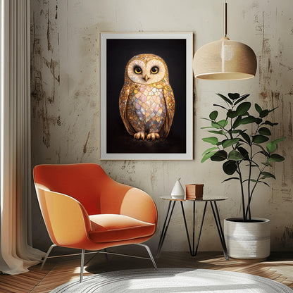 A vertical full-bleed illustration of a barn owl in the style of Gustav Klimt. The owl's body is a complex mosaic of gold, cream, and iridescent pastel tiles with small colorful gemstones embedded in the wings. It has large dark eyes and stands against a solid black background.