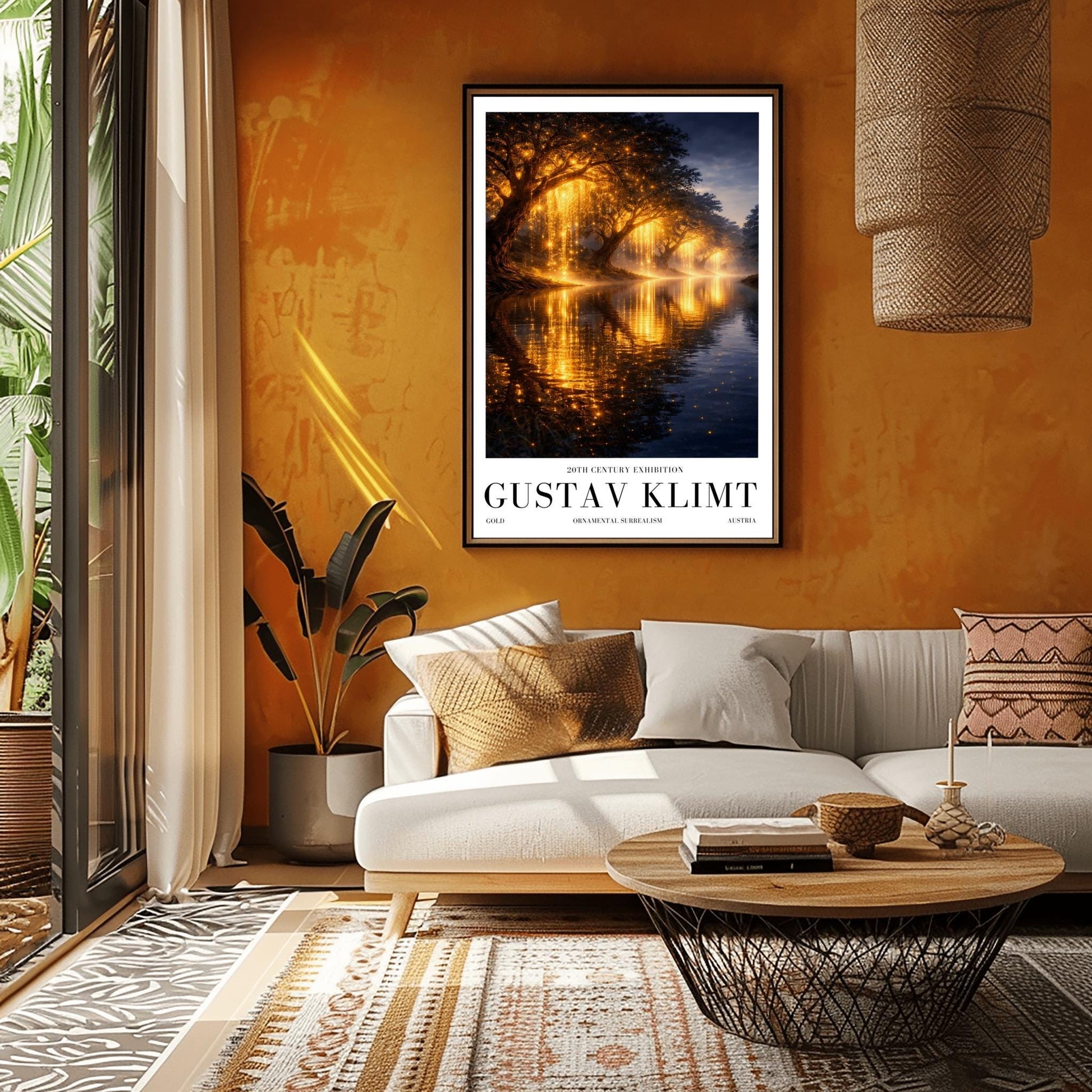 A vertical full-bleed landscape illustration in the style of Gustav Klimt. A row of weeping willow trees with branches made of liquid gold and sparkling embers lines a dark, tranquil river. The golden light reflects brilliantly on the water's surface under a dark twilight sky.