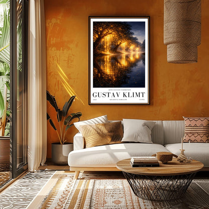 A vertical full-bleed landscape illustration in the style of Gustav Klimt. A row of weeping willow trees with branches made of liquid gold and sparkling embers lines a dark, tranquil river. The golden light reflects brilliantly on the water's surface under a dark twilight sky.