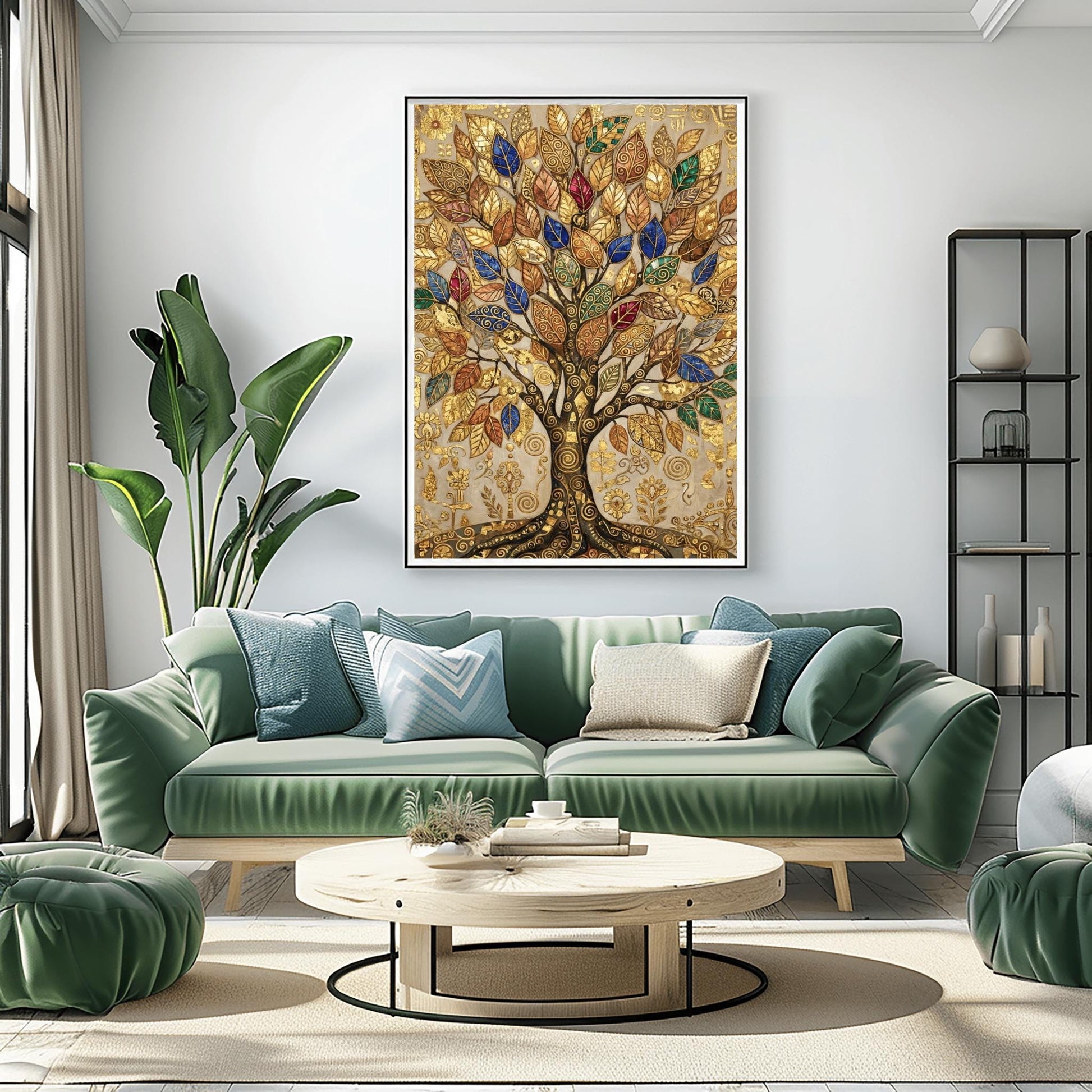 A vertical fine art print in the style of Gustav Klimt. A large, ornate tree with golden swirling branches is centered against a light-gold background. The leaves of the tree are rendered as colorful mosaic jewels in deep blue, red, and green. The entire scene is filled with intricate gold leaf patterns, spirals, and geometric symbols.