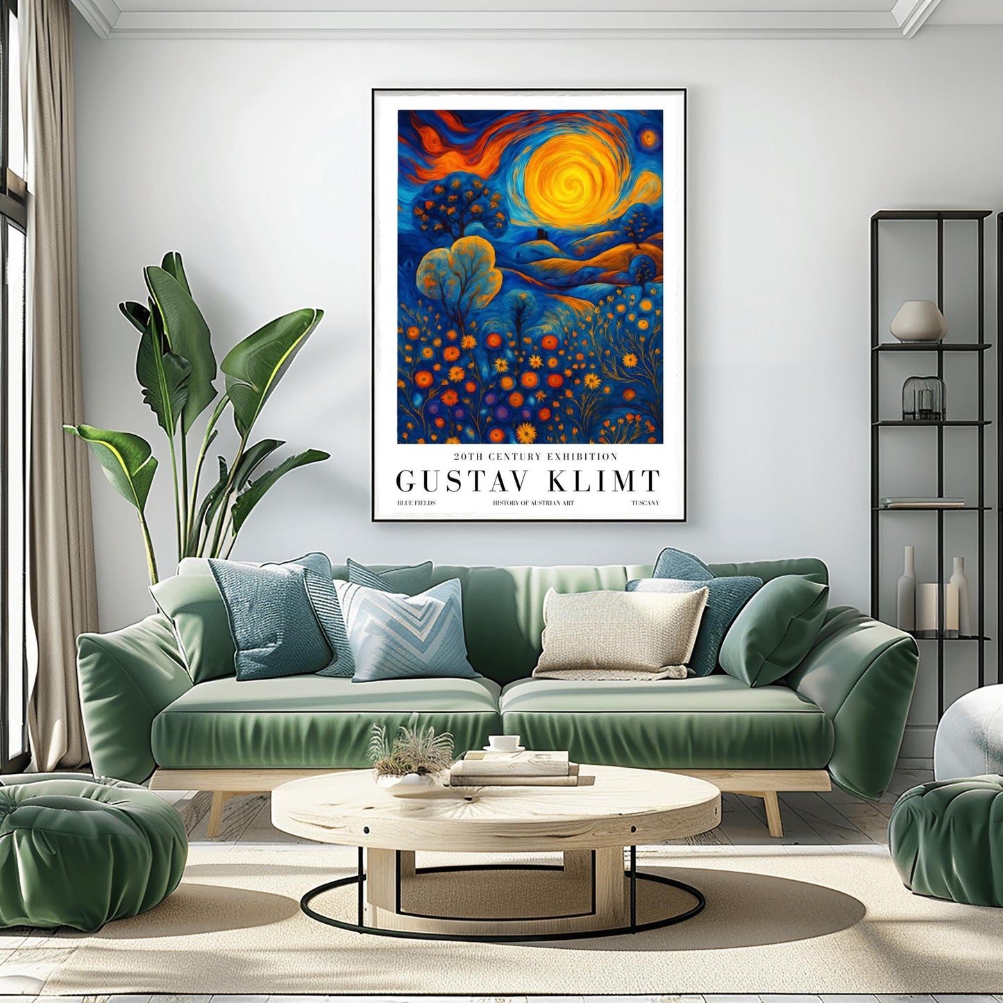 A vertical museum exhibition poster in the style of Gustav Klimt. A large, swirling golden sun sits in a sky of orange and blue clouds over rolling blue hills. The foreground is a meadow of orange circular flowers. Below the image, bold black text reads "GUSTAV KLIMT" and "BLUE FIELDS" on a white border.