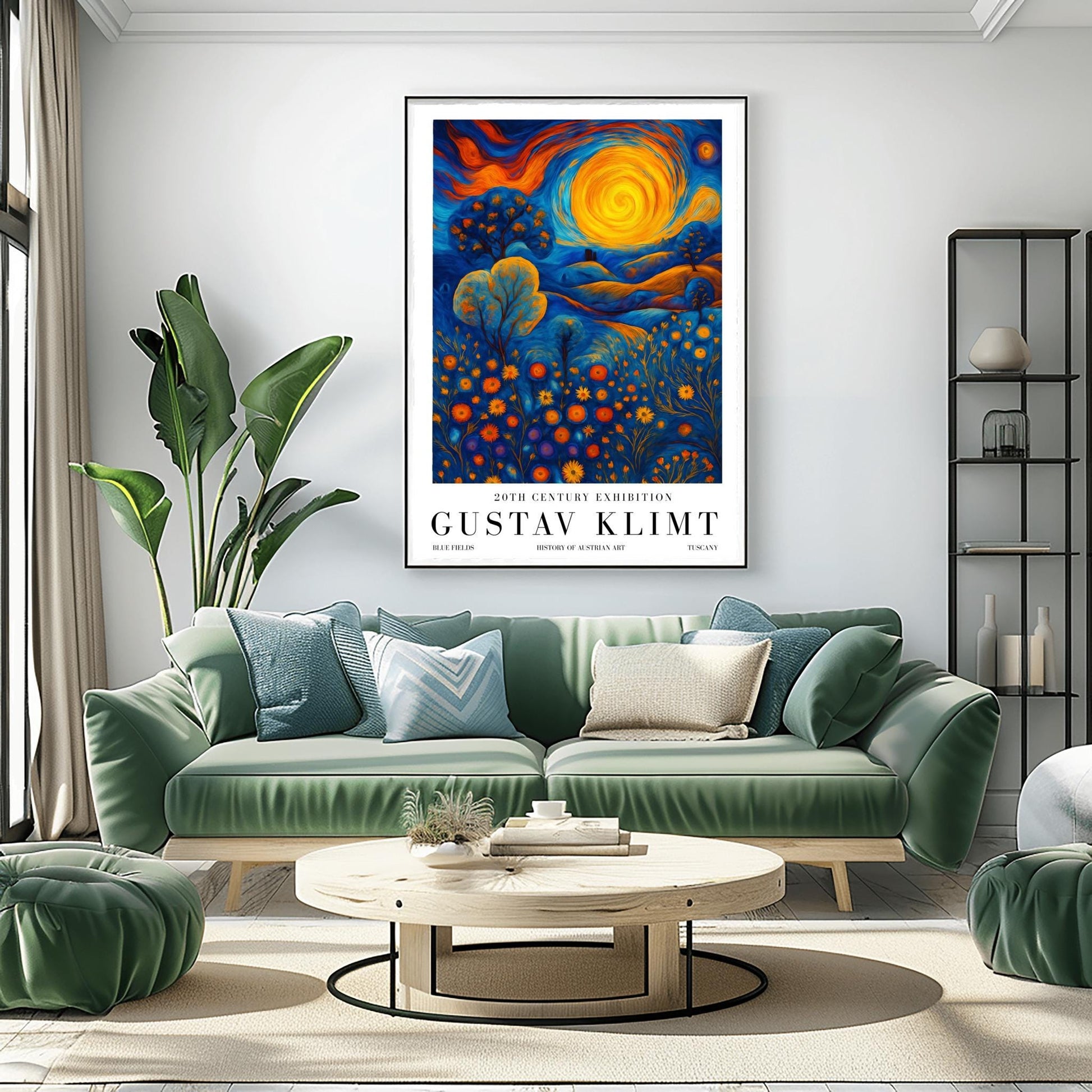 A vertical museum exhibition poster in the style of Gustav Klimt. A large, swirling golden sun sits in a sky of orange and blue clouds over rolling blue hills. The foreground is a meadow of orange circular flowers. Below the image, bold black text reads "GUSTAV KLIMT" and "BLUE FIELDS" on a white border.