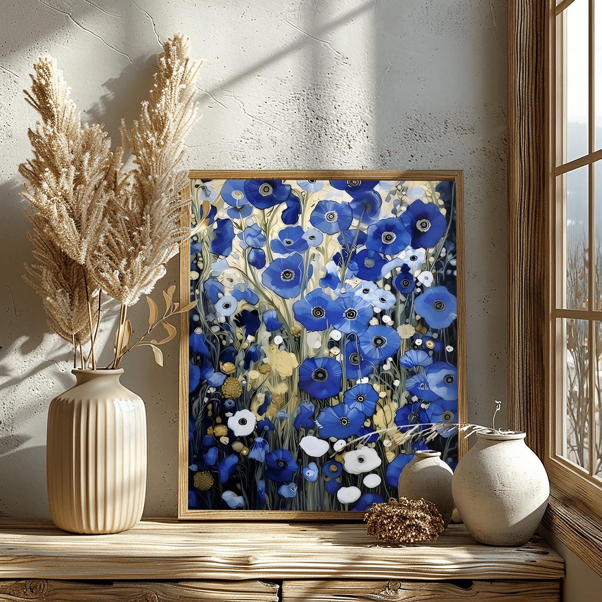 A vertical, highly detailed oil painting in the style of Gustav Klimt. The image is filled with a dense field of blue poppies in shades of cobalt, navy, and light blue. The flowers have dark centers and are surrounded by abstract cream and amber foliage. The brushwork is thick and textured, giving the appearance of a rich mosaic tapestry of flowers.