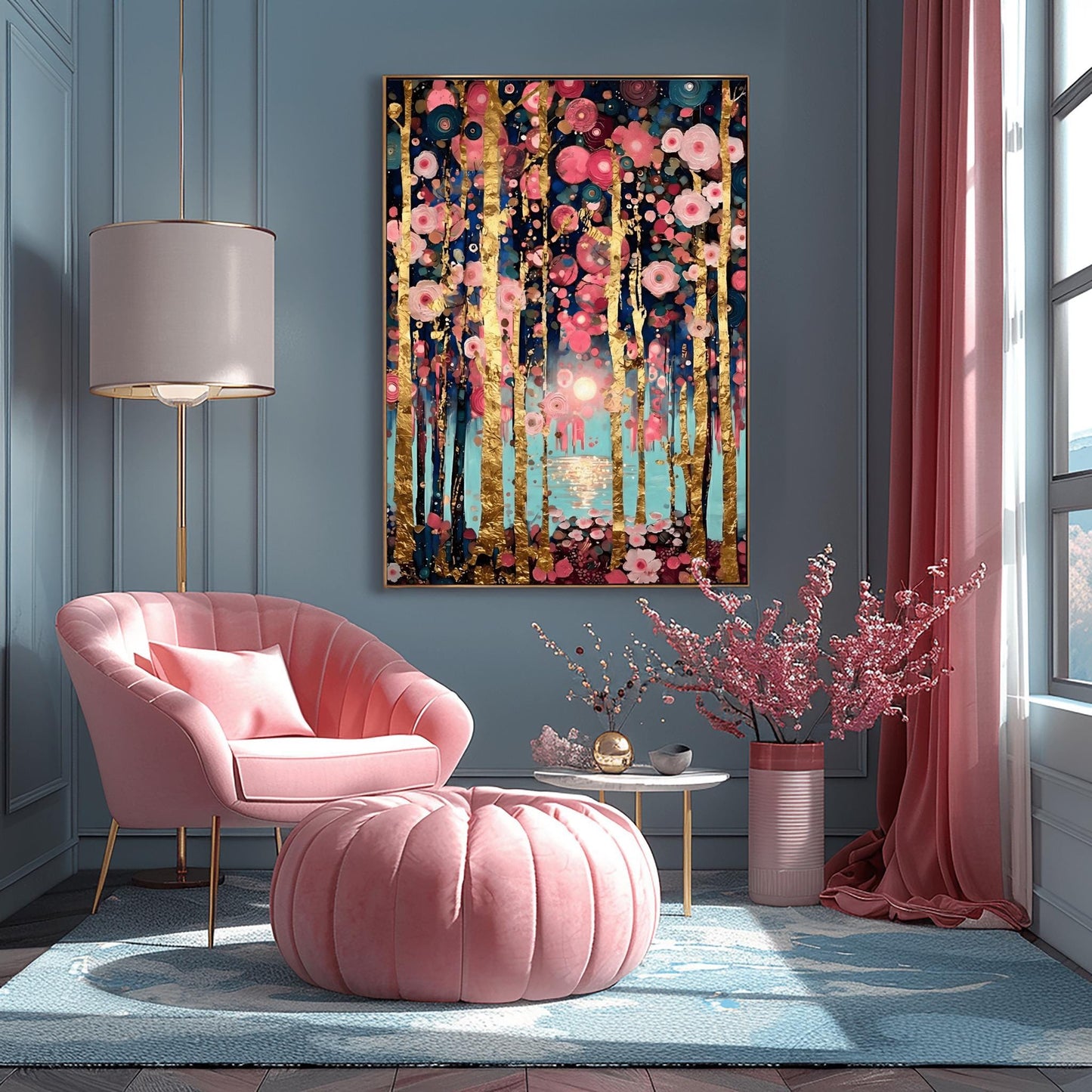 A vertical, highly detailed oil painting in the style of Gustav Klimt. Slender birch tree trunks with gold-leaf textures are surrounded by a dense field of pink, rose, and white circular floral mosaics. In the background, a soft sun reflects over a blue lake. The overall style is rich in texture with a sophisticated pink and gold color palette.