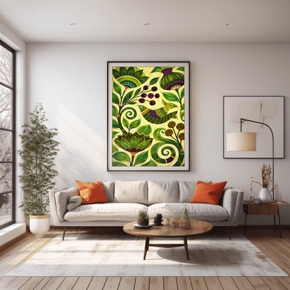 A vertical botanical art print in a modern folk style. A stylized bird with green and purple stripes is perched among thick, swirling green vines and large, pointed leaves. Clusters of dark purple berries and round brown seed pods are scattered throughout the composition. The background is a soft yellow-green, and the entire image is filled with intricate, hand-painted textures and circular patterns.
