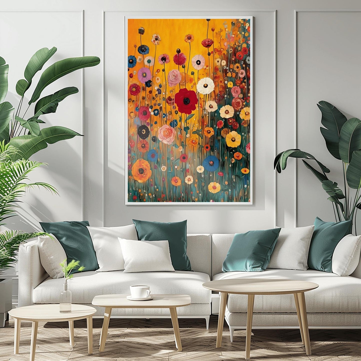 A vertical fine art print in the style of Gustav Klimt featuring a dense field of wildflowers. Red, blue, pink, and yellow flowers on long, thin green stalks grow against a solid amber-gold background. The painting features small ornamental dots and mosaic details throughout the meadow.