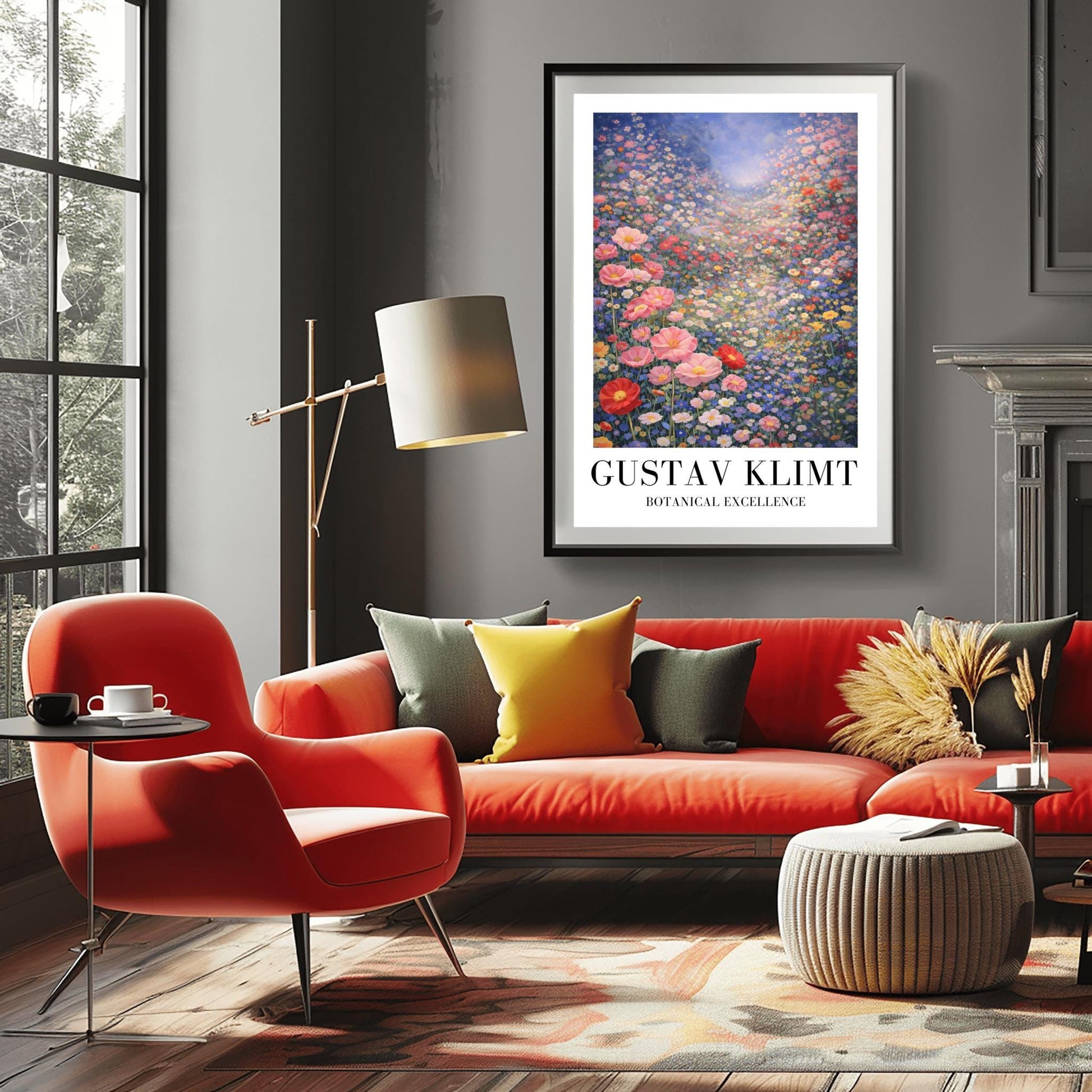 A vertical fine art landscape in the style of Gustav Klimt. A vast valley is filled with a dense sea of pink, red, blue, and white wildflowers. Large pink poppies are in the foreground, and the field stretches back to a hazy, sun-drenched horizon under a soft blue sky.