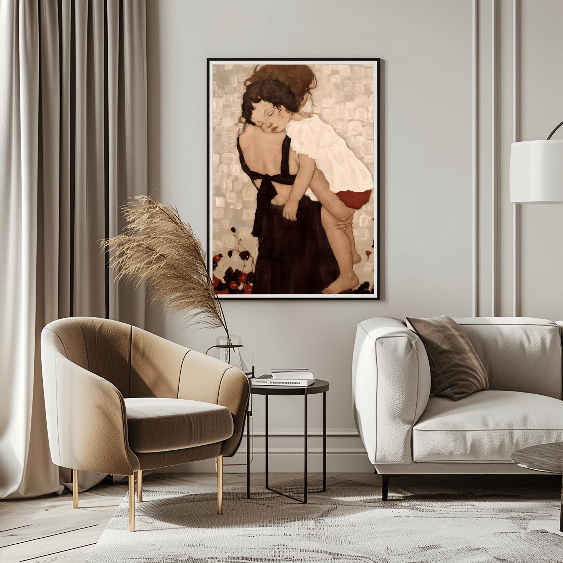 A vertical high-resolution reproduction of Gustav Klimt's Mother and Child. A mother with dark hair sleeps with her head resting against her young child, who is also asleep in her arms. The figures are surrounded by a decorative mosaic background of ivory, cream, and pastel geometric shapes. The style is soft, intimate, and characteristic of early 20th-century Art Nouveau.