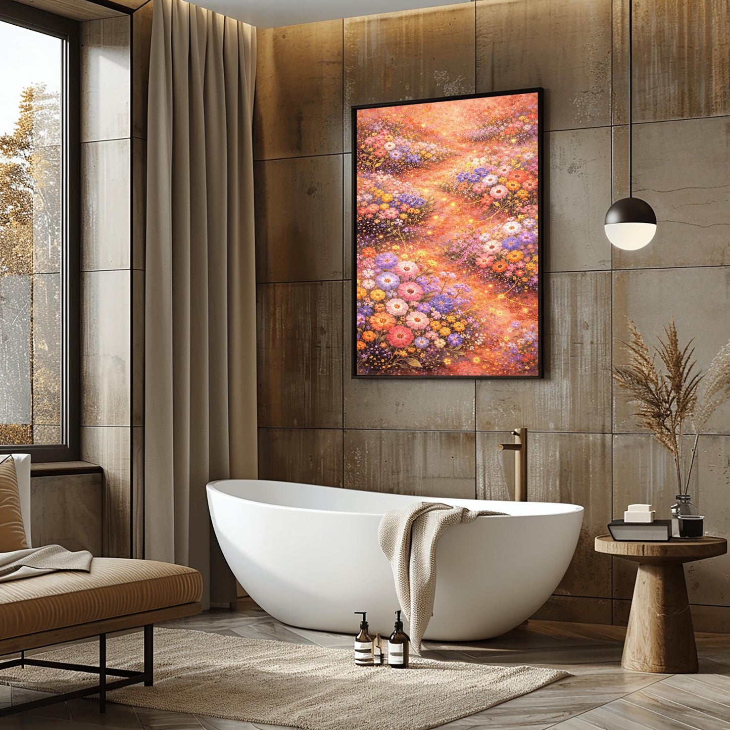 A vertical, highly detailed Art Nouveau-style illustration of a dense wildflower meadow. Stylized flowers in shades of lavender, coral, and orange are outlined in gold. Shimmering golden particles float between the blooms against a warm, glowing amber background.