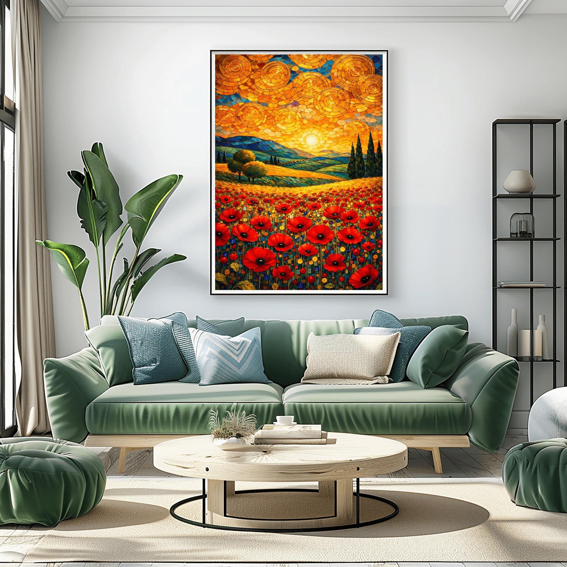 A vertical fine art print in the style of Gustav Klimt. A foreground of vibrant red poppies leads to rolling blue and green hills with cypress trees. The sky is filled with large, shimmering golden spirals and a bright sun, created in a mosaic style.