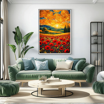 A vertical fine art print in the style of Gustav Klimt. A foreground of vibrant red poppies leads to rolling blue and green hills with cypress trees. The sky is filled with large, shimmering golden spirals and a bright sun, created in a mosaic style.