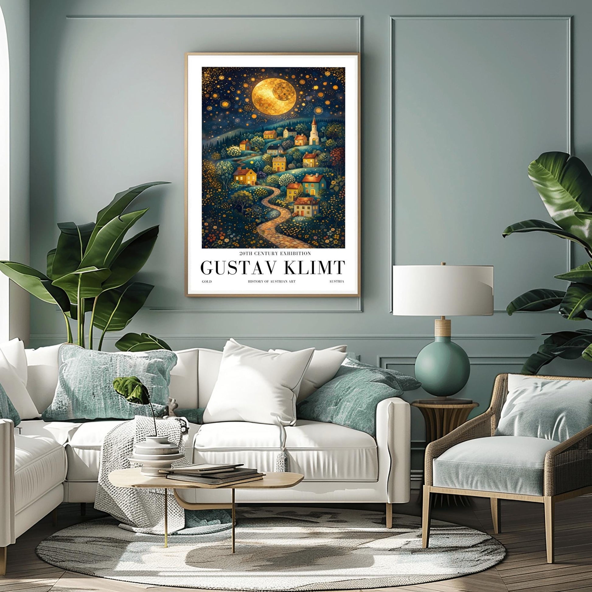 A vertical fine art exhibition poster in the style of Gustav Klimt. A winding cobblestone path leads up a hillside filled with small, colorful houses and a church under a massive golden mosaic moon. The sky is deep blue and filled with golden stars and spirals. Bold black text at the bottom reads "GUSTAV KLIMT" and "HISTORY OF AUSTRIAN ART."