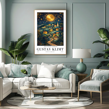 A vertical fine art exhibition poster in the style of Gustav Klimt. A winding cobblestone path leads up a hillside filled with small, colorful houses and a church under a massive golden mosaic moon. The sky is deep blue and filled with golden stars and spirals. Bold black text at the bottom reads "GUSTAV KLIMT" and "HISTORY OF AUSTRIAN ART."