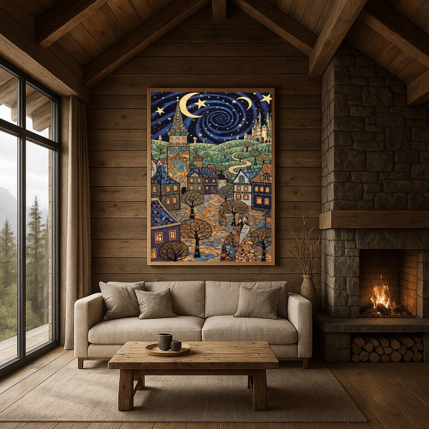 A vertical fine art print in the style of Gustav Klimt. A whimsical European village with mosaic-patterned houses and a tall tower sits under a swirling dark blue night sky. The sky features a large golden vortex, crescent moons, and stars. The ground is a colorful mosaic cobblestone path with spiral-patterned trees.