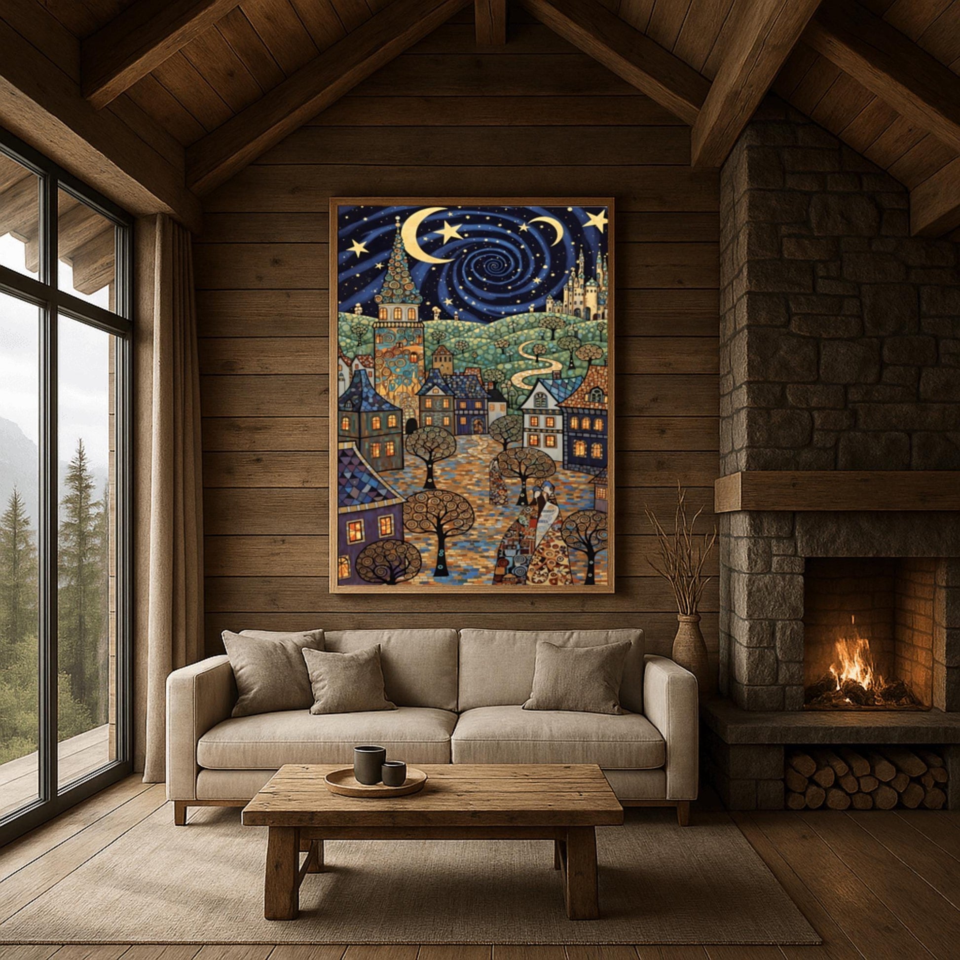A vertical fine art print in the style of Gustav Klimt. A whimsical European village with mosaic-patterned houses and a tall tower sits under a swirling dark blue night sky. The sky features a large golden vortex, crescent moons, and stars. The ground is a colorful mosaic cobblestone path with spiral-patterned trees.