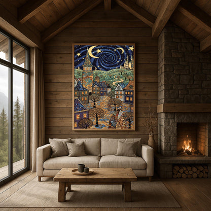 A vertical fine art print in the style of Gustav Klimt. A whimsical European village with mosaic-patterned houses and a tall tower sits under a swirling dark blue night sky. The sky features a large golden vortex, crescent moons, and stars. The ground is a colorful mosaic cobblestone path with spiral-patterned trees.