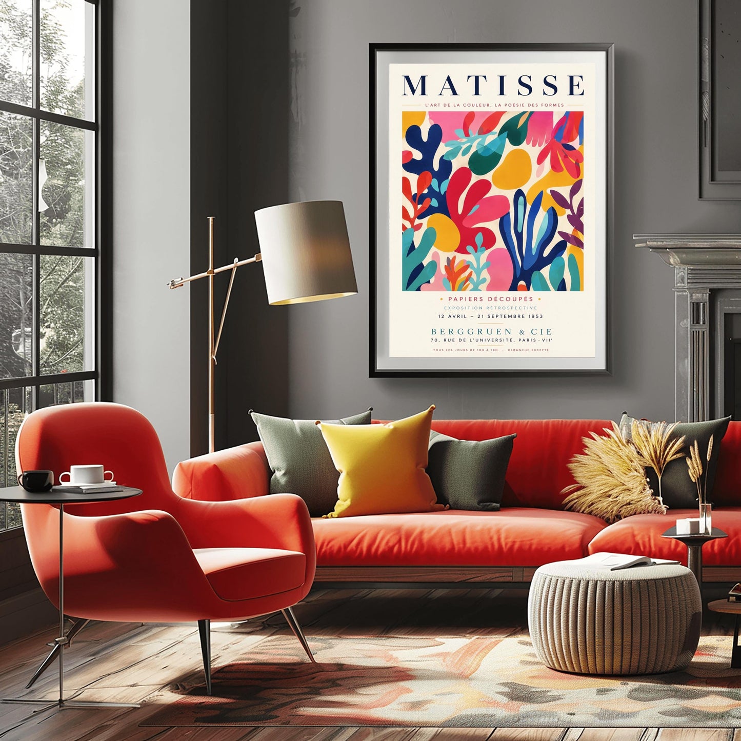 A vertical gallery exhibition poster with a warm cream border. Bold black text at the top reads "HENRI MATISSE". The central artwork is a rectangular block with a solid cobalt blue background, featuring a cream silhouette of an abstract, organic split-leaf design. Below the block, black text reads "PAPIERS DÉCOUPÉS" and "FEUILLE". The bottom of the poster finishes with the text "BERGGRUEN & CIE - 70 RUE DE L'UNIVERSITÉ - PARIS VII".