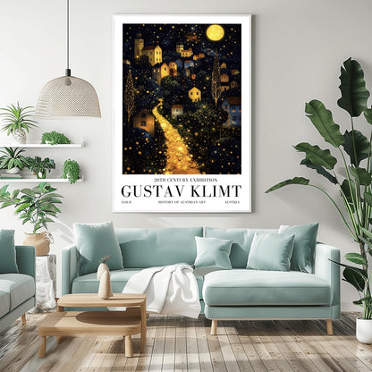 A vertical fine art landscape in the style of Gustav Klimt. A brilliant, glowing golden path winds up a dark hillside toward a village with lit windows. The deep blue night sky is filled with many stars and a large, textured golden moon. The trees are decorated with small, shimmering golden dots.