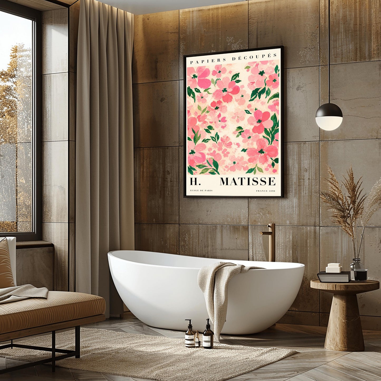 A vertical art print styled as a Henri Matisse exhibition poster. The central image is a dense pattern of soft pink and rose-colored flowers with dark green leaves on a cream-colored background. The flowers are painted with visible, textured brushstrokes. Above the image, the words "PAPIERS DÉCOUPÉS" are written in a black serif font. Below the image, the text reads "H. MATISSE" in large letters, with "ECOLE DE PARIS" and "FRANCE 1890" in smaller text at the bottom.