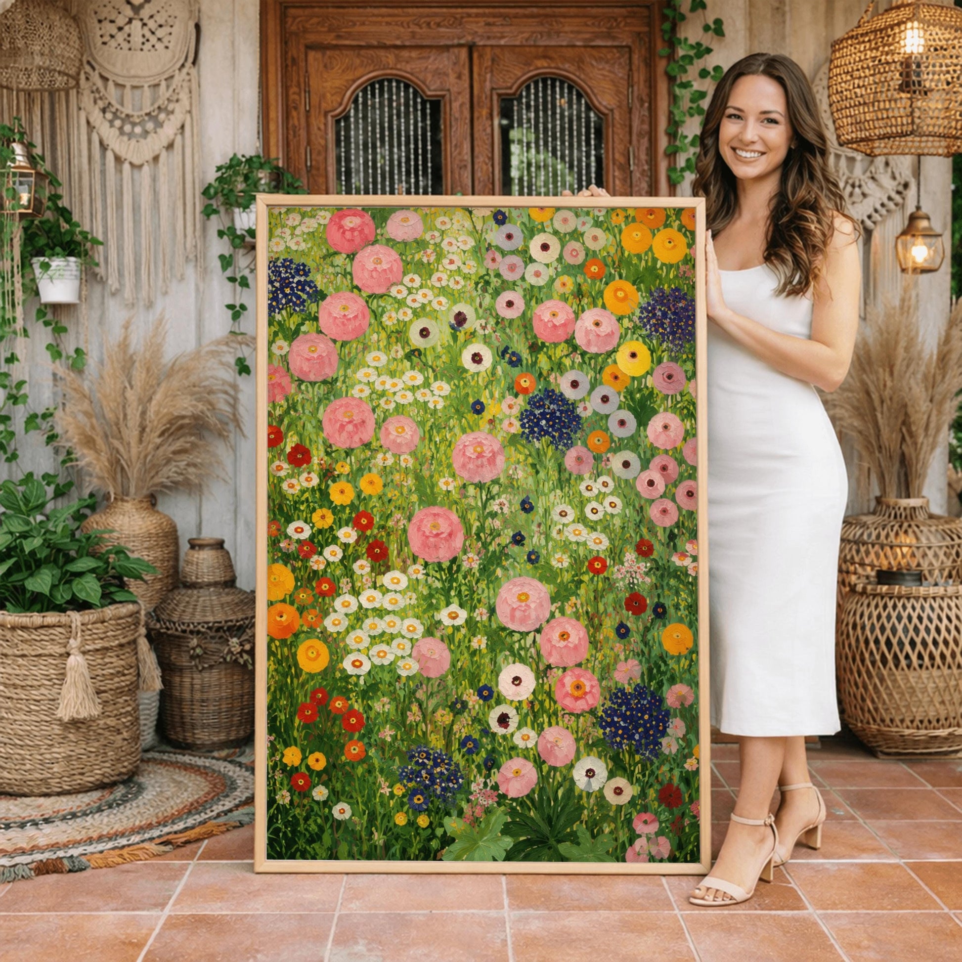 A vertical full-bleed painting in the style of Gustav Klimt showing a dense, vibrant meadow of wildflowers. The entire frame is filled with an intricate, mosaic-like arrangement of thickly painted flowers, including large clusters of white and cream blossoms at the top, a dense field of orange and white poppies to the right, and deep purple and magenta pansies near the bottom, all set against a textured emerald and chartreuse green background.