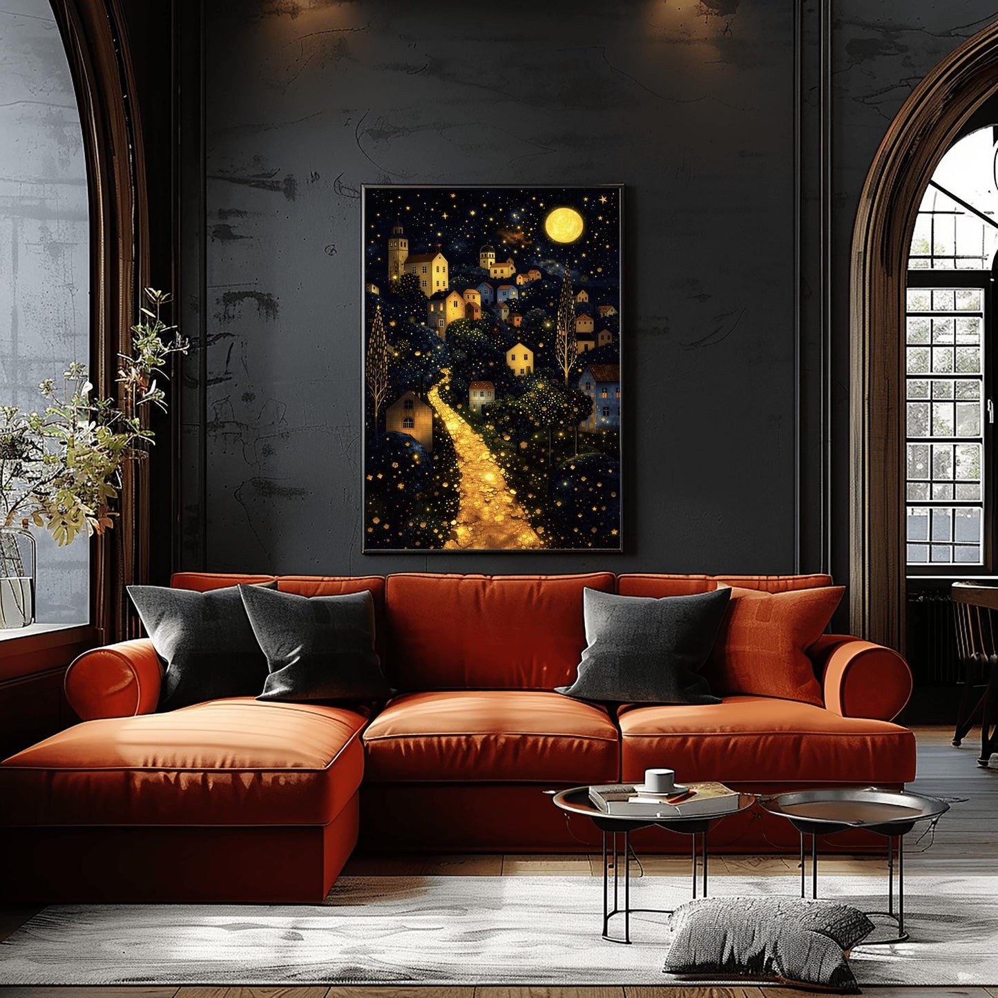 A vertical fine art landscape in the style of Gustav Klimt. A brilliant, glowing golden path winds up a dark hillside toward a village with lit windows. The deep blue night sky is filled with many stars and a large, textured golden moon. The trees are decorated with small, shimmering golden dots.