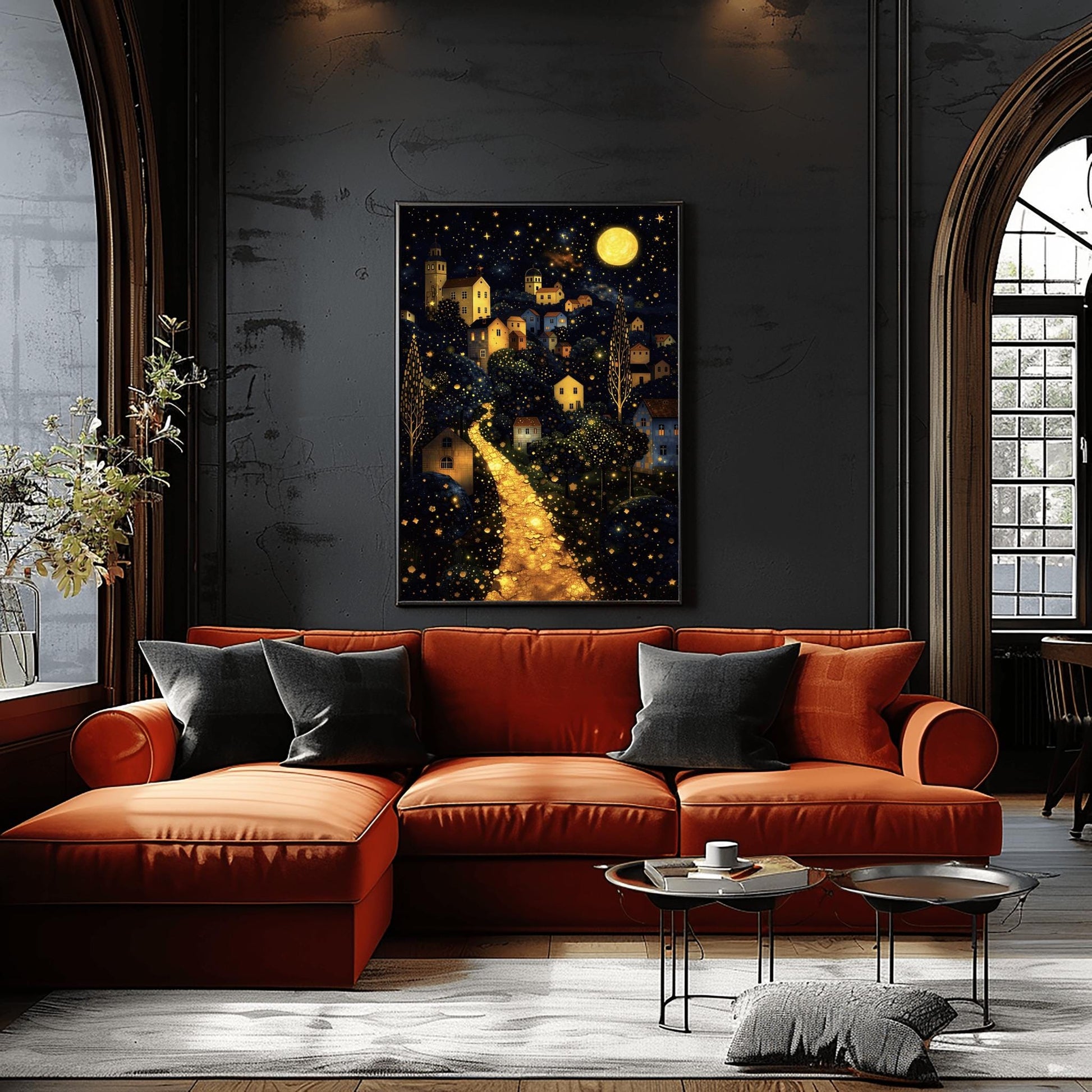 A vertical fine art landscape in the style of Gustav Klimt. A brilliant, glowing golden path winds up a dark hillside toward a village with lit windows. The deep blue night sky is filled with many stars and a large, textured golden moon. The trees are decorated with small, shimmering golden dots.