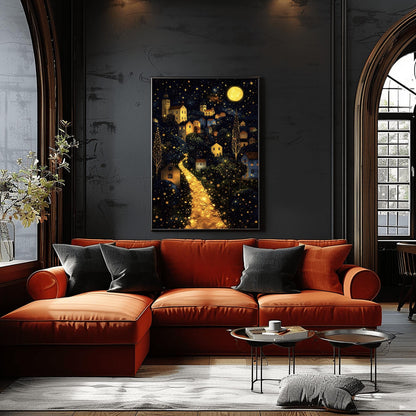 A vertical fine art landscape in the style of Gustav Klimt. A brilliant, glowing golden path winds up a dark hillside toward a village with lit windows. The deep blue night sky is filled with many stars and a large, textured golden moon. The trees are decorated with small, shimmering golden dots.