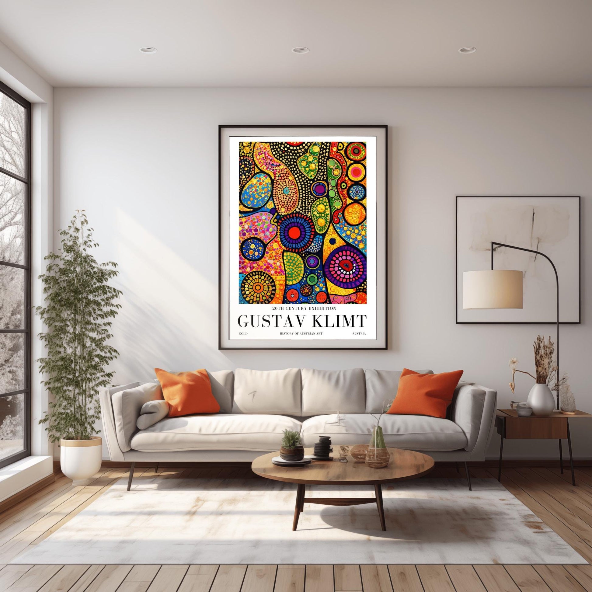 A vertical museum exhibition poster in the style of Gustav Klimt. Tall, dark tree trunks stand in a forest where the sky is made of colorful stained-glass mosaic circles. A bright sun in the center casts sharp, white sunbeams through the trees. Bold black text at the bottom reads "GUSTAV KLIMT" and "HISTORY OF AUSTRIAN ART."