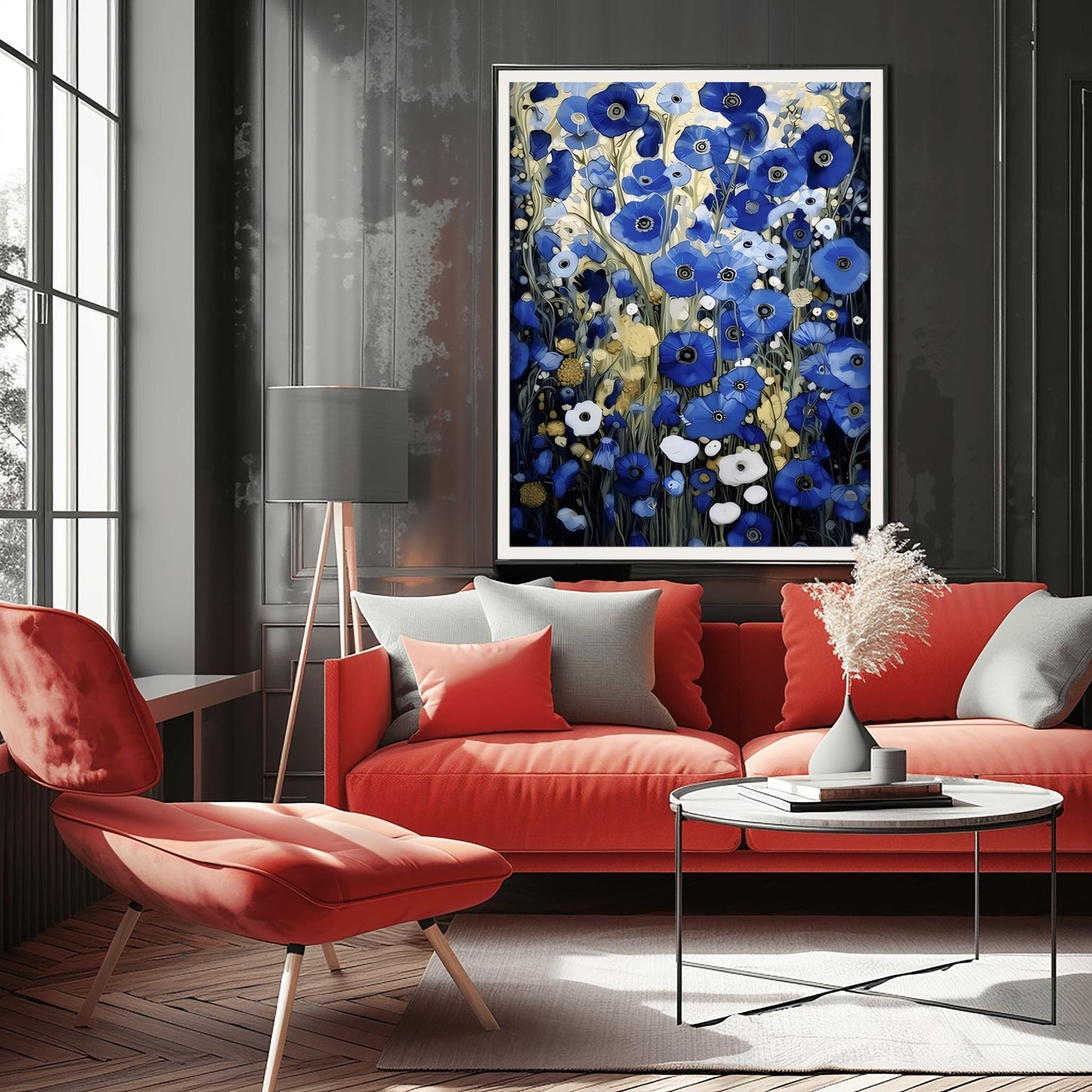 A vertical, highly detailed oil painting in the style of Gustav Klimt. The image is filled with a dense field of blue poppies in shades of cobalt, navy, and light blue. The flowers have dark centers and are surrounded by abstract cream and amber foliage. The brushwork is thick and textured, giving the appearance of a rich mosaic tapestry of flowers.