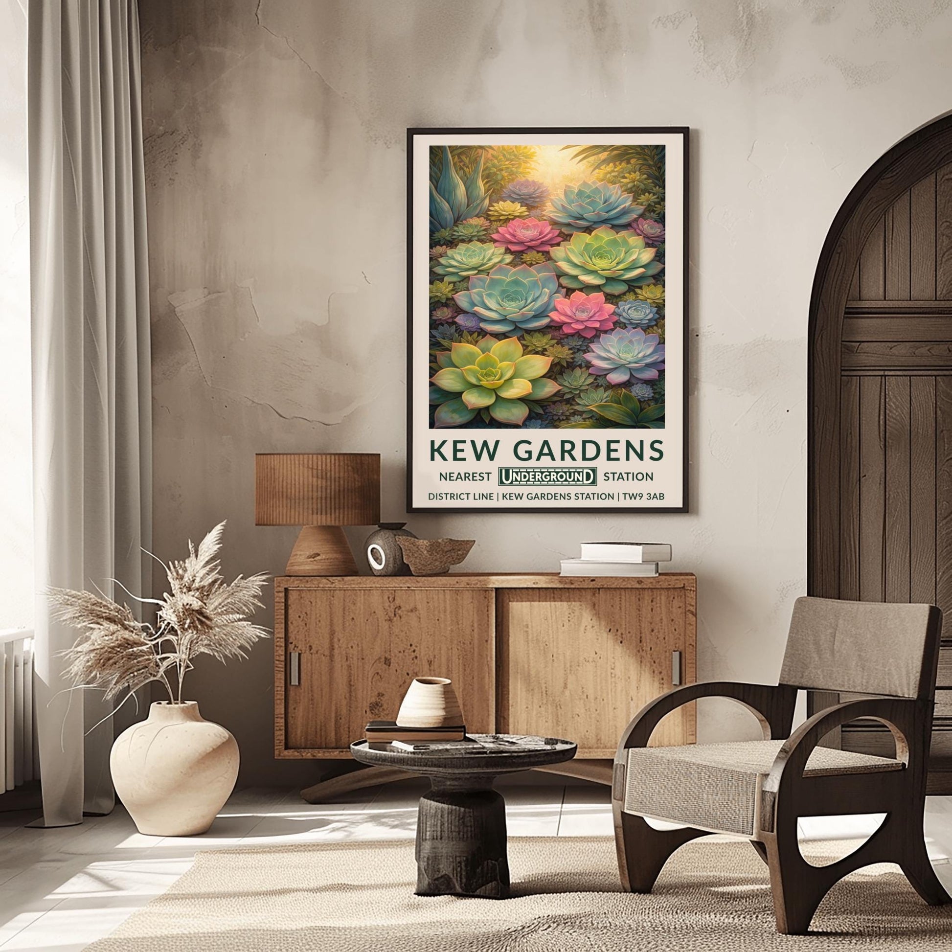 A vertical vintage travel poster for Kew Gardens featuring a dense, top-down view of many succulent plants. The composition is filled with large and small Echeveria rosettes in soft pastel shades of pink, light green, and pale blue. Warm sunlight glows from the top of the frame, highlighting the edges of the thick, fleshy leaves. The bottom features a cream border with bold green text: "KEW GARDENS" and "NEAREST UNDERGROUND STATION" with District Line details.