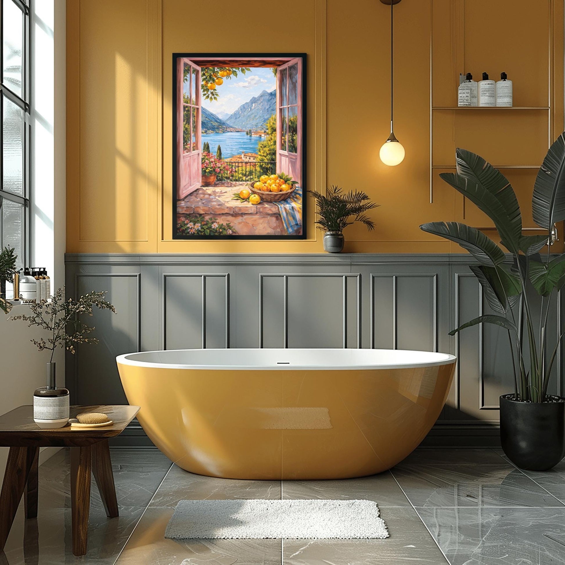 A vertical painterly illustration looking through open pink French doors onto a large blue lake surrounded by tall mountains. A woven basket of lemons sits on a stone ledge in the foreground next to a striped cloth and a pot of pink flowers.