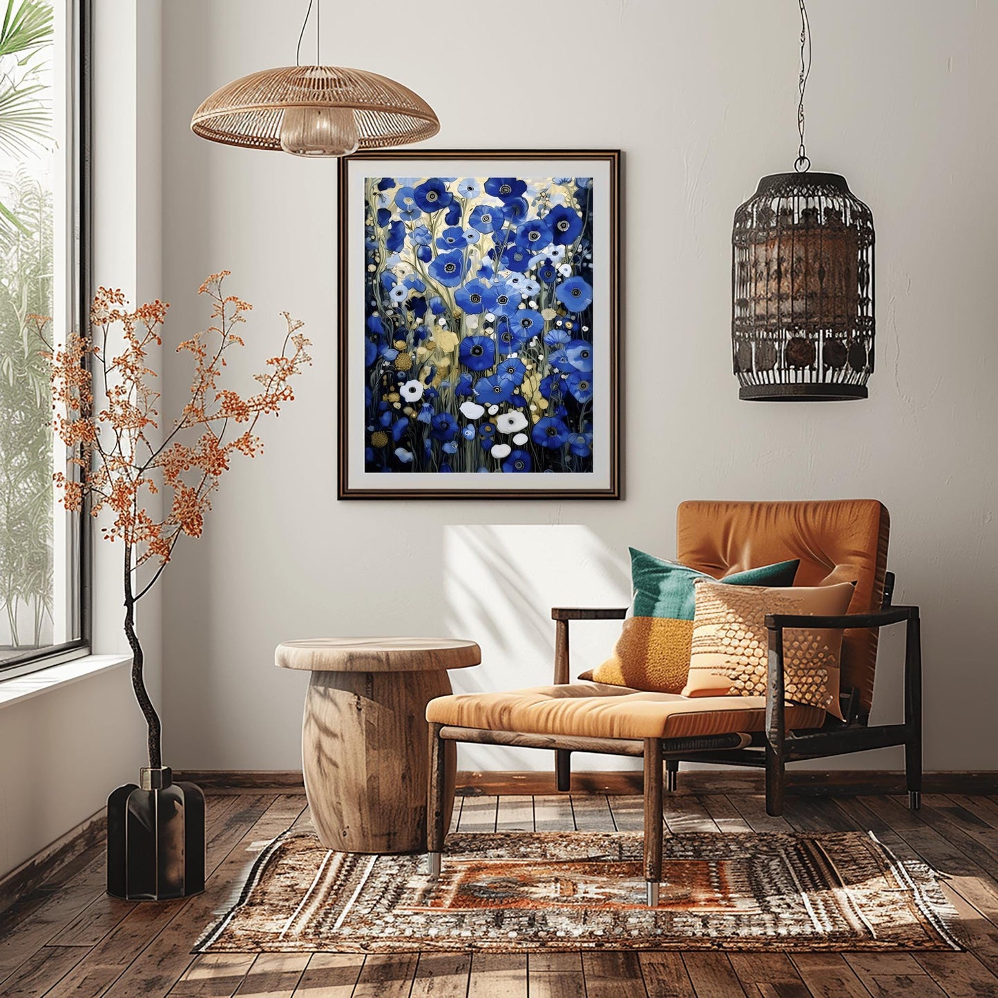 A vertical, highly detailed oil painting in the style of Gustav Klimt. The image is filled with a dense field of blue poppies in shades of cobalt, navy, and light blue. The flowers have dark centers and are surrounded by abstract cream and amber foliage. The brushwork is thick and textured, giving the appearance of a rich mosaic tapestry of flowers.