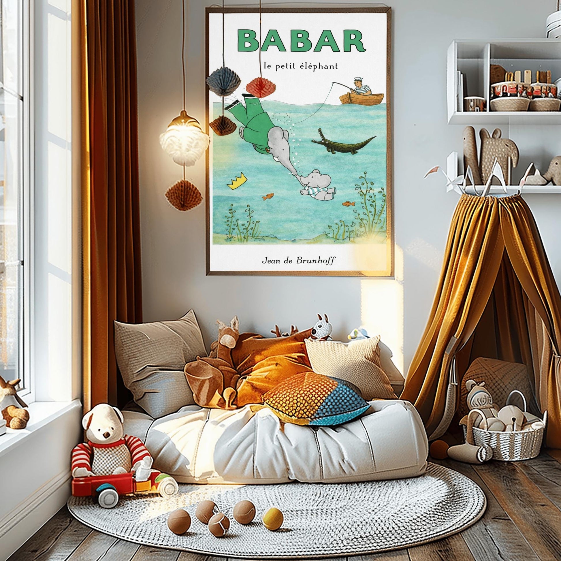 A vertical children's illustration poster titled "BABAR le petit éléphant" at the top in green. The scene shows King Babar in a green suit diving underwater to touch trunks with a small elephant calf. His golden crown floats nearby. Above the water, a man in a striped shirt sits in a rowboat fishing. A crocodile and several small orange fish swim in the water among green aquatic plants. The name "Jean de Brunhoff" is at the bottom.
