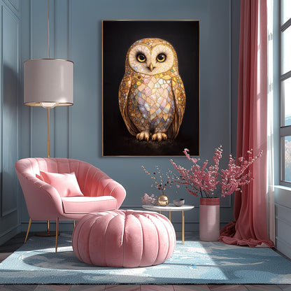 A vertical full-bleed illustration of a barn owl in the style of Gustav Klimt. The owl's body is a complex mosaic of gold, cream, and iridescent pastel tiles with small colorful gemstones embedded in the wings. It has large dark eyes and stands against a solid black background.