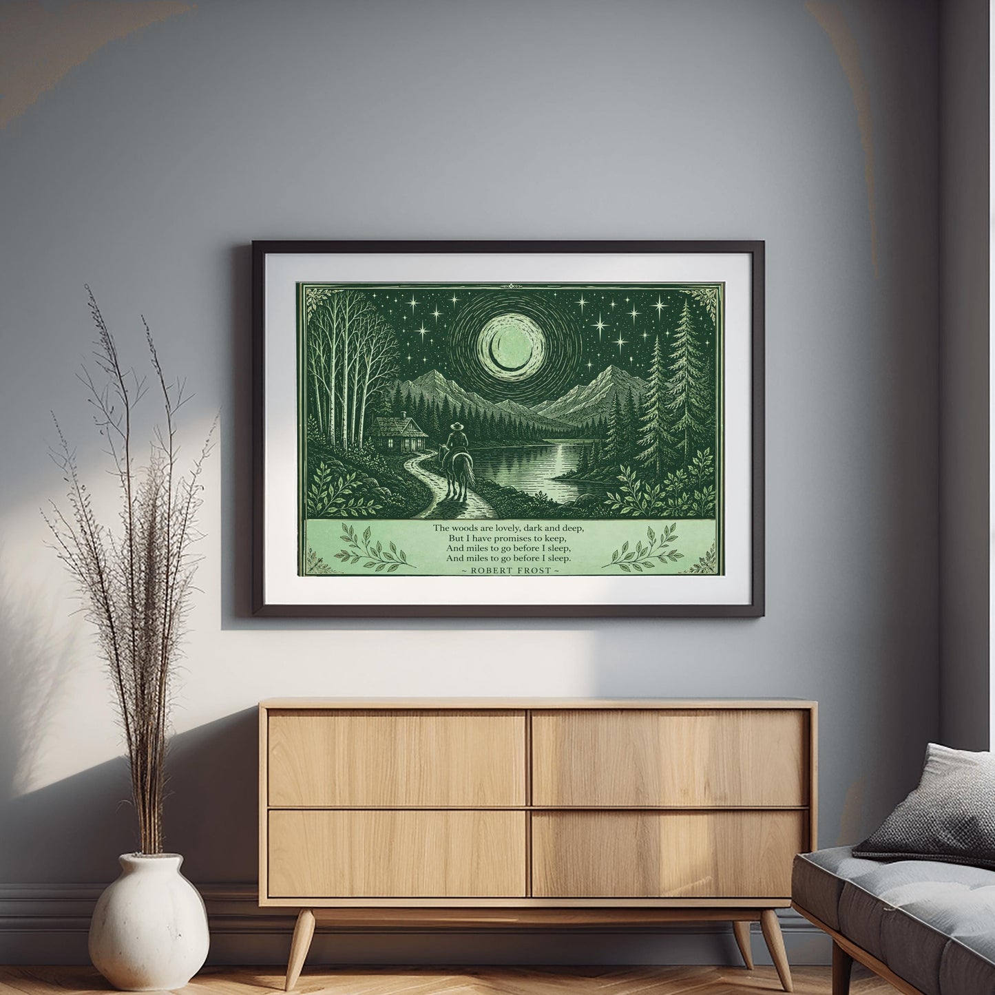 Robert Frost Art, Poetry Wall Decor, Woodcut Landscape, Dark Green Art, Mountain Lake Print, Literature Gift, Snowy Evening Poem, Rustic Home Decor, Celestial Art, Horseback Rider, Starry Night Sky, Cabin in Woods, Vintage Style Poster.